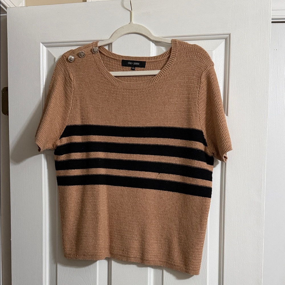 Chloe and Jasmine Brown and Black Short Sleeve Striped Sweater with Buttons